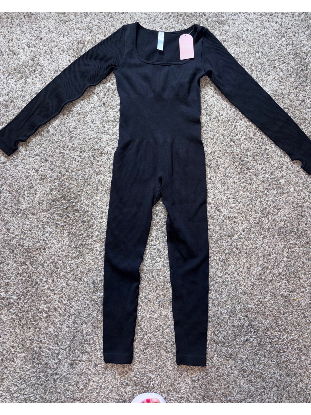 Black Long-Sleeve Ribbed Knit Jumpsuit